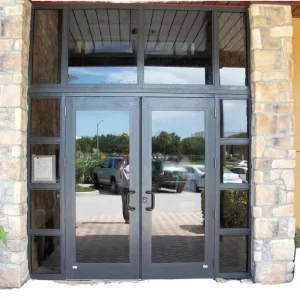 Black Commercial Modern Double Swing Floor-to-Ceiling Glass Storefront Entry Door, Manual, for Hospital and Warehouse