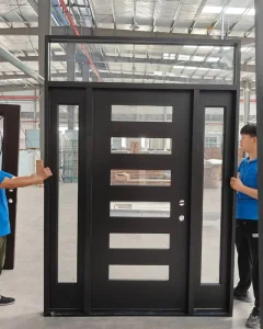 Black Fiberglass 3-Panel Prehung Entry Door with Weatherproof Energy-Saving Design and Complete Frame