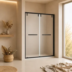Black Frame Bypass Sliding Shower Door 47-71 in x 79 in with Stainless Steel Frame, Tempered Glass, Double Panels, and Towel Bar Handle