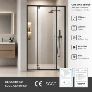 Black Framed Hinged 3-Panel Shower Door with Glass Partition for Bathroom Shower Enclosure