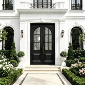 Black Matte Cast Aluminum Double Entry Door with Textured Glass