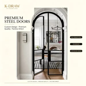 Black Steel Arched Glass Door with Slim Frame for Interior Room Divider