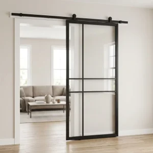 Black Steel Frame Tempered Clear Glass Interior Sliding Door