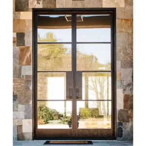 Black Wrought Iron Grid Glass Double Entry Door Anti-Theft