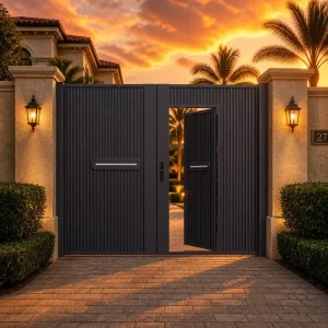 Blue Gray Aluminum Alloy Double Driveway Gate with Wicket Door, Vertical Groove, and Smart Lock