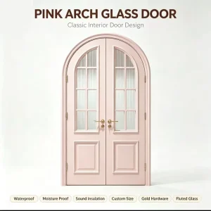 Blush Pink Arched Glass Double Composite Interior Door with Baking-Paint Finish, Soundproof and Silent-Closing