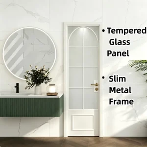 Bohemian Arched Swing Partition Door, Decorative Obscure Glass, Metal Frame, Noise Reduction, Bathroom Door