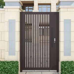Bronze Metal Front Entry Door with Solid Panel and Vertical Slats, Anti-Theft, Smart Lock, for Villa