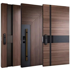 Brown Stainless Steel and Solid Wood Exterior Security Pivot Entrance Door