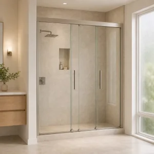 Brushed Nickel Framed Multi-Panel Sliding Shower Door, 4 Glass Panels, Large Opening Bathroom