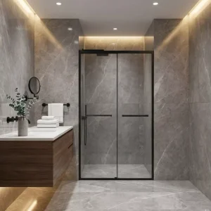 Bypass Double Sliding Framed Tempered Glass Shower Door with Hidden Roller Hardware for Hotel Bathroom