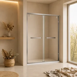 Bypass Sliding Shower Door 47-71 in x 79 in with Stainless Steel Chrome Frame, Tempered Glass, Double Panels, and Towel Bar Handle Set