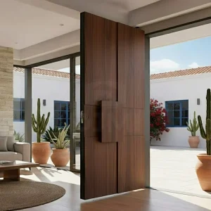 Caribbean Residential Teak Solid Wood Pivot Front Entry Door with Dark Natural Wood Grain and Solid Core