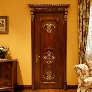 Carved Standard Wooden Interior Door Solid Wood Red Walnut and Okoume Painted Door with Single-Sided Cap