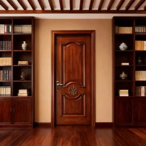 Carved Wooden Interior Door Solid Wood Red Walnut and Okoume Density Board Composite Painted Door
