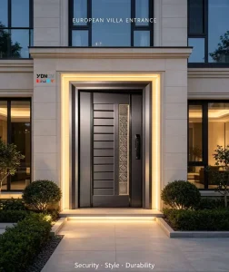 Cast Aluminium Villa Main Entrance Door, Dark Bronze, Carved Metal, Modern Swing Door