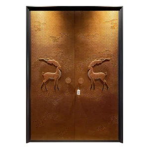 Cast Aluminum Double Entry Villa Door with Auspicious Deer and Cloud Relief