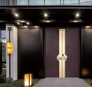 Cast Aluminum Modern Front Door with Carved Floral Motif, Double Entry, Thermal Insulation