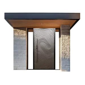 Cast Aluminum Nordic-Style Off-Center Pivot Entry Double Door with Smaller Panel and Burglar-Resistant Glass