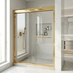 China Bathroom Double Sliding Door 8mm Tempered Glass Corner Shower Enclosure Aluminium Gold Shower Room