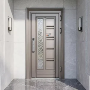 Chinese Cast Aluminum Swing Villa Entrance Door with Hollow Carved Design, Frosted Glass, Intelligent Security