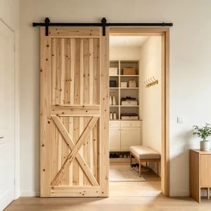 Chinese Solid Fir Wood Barn Door with Natural Log Finish for Study Room Partition
