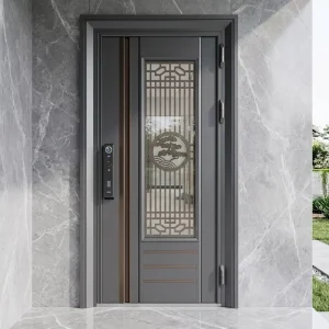 Chinese Style Cast Aluminum Swing Security Entrance Door Smart Villa Front Door Hollow Tempered Glass Access Panel