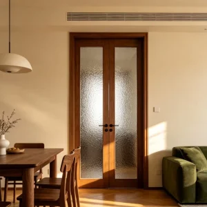 Chinese Style Myanmar Teak Solid Wood Double Entry Swing Glass Door for Home Entrance