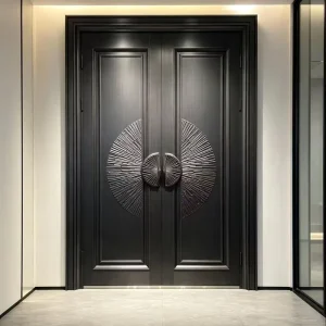 Circular Cast Aluminum Double Entry Exterior Front Door European Design 3D Sun-Burst Relief Carved Villa Security Door