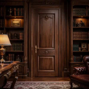 Classic European Carved Mahogany Panel Interior Door with Brass Handle for Study Room, Custom Size