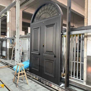 Classic French Arch Aluminum Double Entry Door with Fanlight Tempered Glass Carved Panel Security Villa Front Door