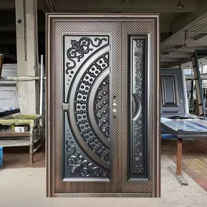 Classical Stainless Steel Unequal Double Main Door with Metal Grill and Anti-Theft Feature