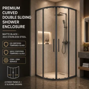 Commercial Curved Double Sliding Shower Door with Stainless Steel Frame and Tempered Glass for Hotels and Apartments