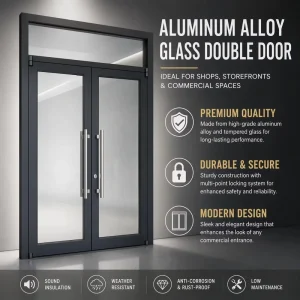 Commercial Grade Weather-Resistant Aluminum Double Glass Mall Entrance Door, Tempered Safety Swing Door for Building Access