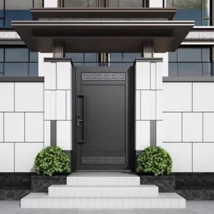 Contemporary Greek Key Fretwork Solid Panel Custom Metal Entrance Villa Front Door Anti-Theft Smart Lock Security Design