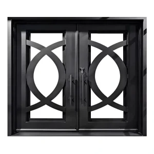 Contemporary Oval Pattern Iron Entry Door with High-Security Architectural Glass for Villas