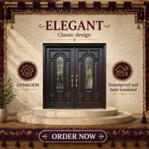 Contemporary Solid Wood Villa Exterior Double Leaf Anti Theft Glass Entrance Door