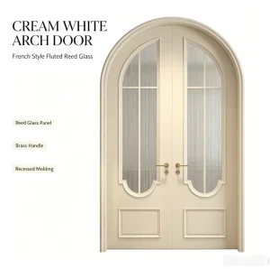 Cream White French Arched Double Door with Reed Glass and Brass Handle