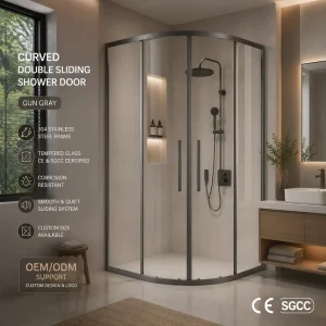 Curved Double Sliding Shower Door with Tempered Glass and Stainless Steel Frame for Commercial Hotels