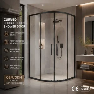 Curved Double Sliding Shower Door with Tempered Glass and Stainless Steel Frame for Commercial Hotels, Villas, and Bathrooms
