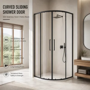 Curved Framed Quadrant Sliding Shower Enclosure with Black Finish, 8mm Tempered Glass, 304 Stainless Steel, CE