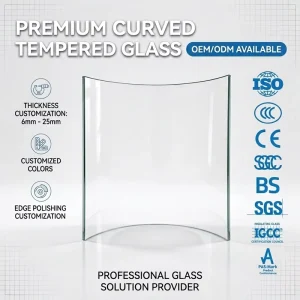 Curved Low-Iron Clear Tempered Glass Panel with Custom Shape for Railing or Shower