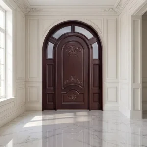 Custom Arched Solid Mahogany Wood Exterior Front Entry Door, Round Top, Carved