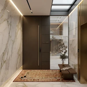 Custom Color Thermal Break Villa Entrance Door Matte Grey Wave Relief Golden Stripe Double Anti-Pry Security Door