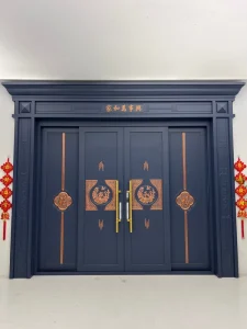 Custom Dark Blue Aluminum PT Entry Door with Copper Decor, Chinese Style Villa Main Entrance Door