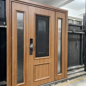 Custom Exterior Front Entry Aluminum Anti-theft Door with Wood-Look Finish and Side Lite