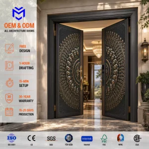 Custom Factory Direct European-Style Zinc Alloy and Steel Double Entry Security Door with Ornate Carvings for House