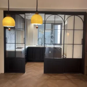 Custom French Retro Three linkage Interior Sliding Door for Kitchen Living Room Bathroom Aluminum Alloy Glass Water Resistant