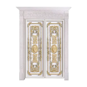 Custom Gold Carved Double-Opening Solid Wood Front Door for European Villa or Palace