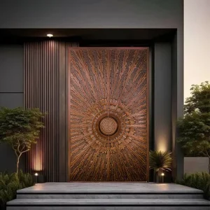 Custom Hand-Carved Copper Villa Double-Swing Front Entry Door with High Security Anti-Theft Gate